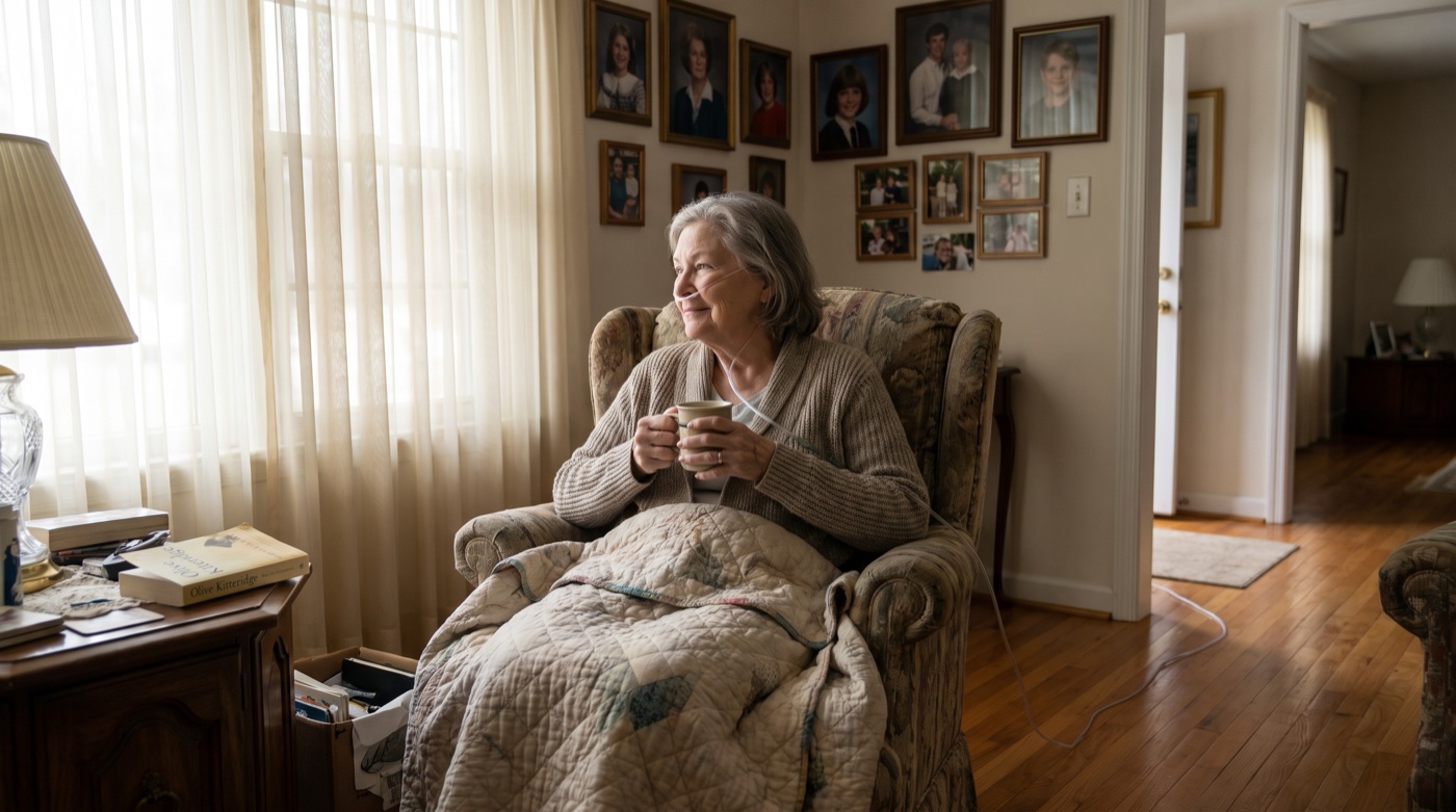A woman enjoying a quiet morning at home in her armchair by the window